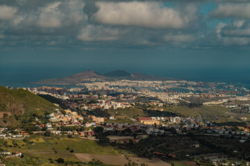 View of Las Palmas de Gran Canaria city from viewpoint in Caldera de Bandama crater, Gran Canaria, Spain