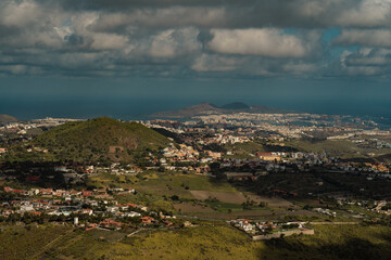 View of Las Palmas de Gran Canaria city from viewpoint in Caldera de Bandama crater, Gran Canaria, Spain