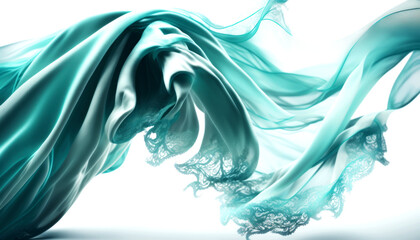 Ethereal Beauty. Blue Cyan Silk Fabric and Lace Floating in the wind in a Bright Studio. Generative AI 