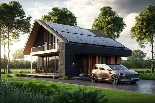A house with solar panels and an electric car, an energy-independent house, environmentally friendly energy in the house, Generative AI.