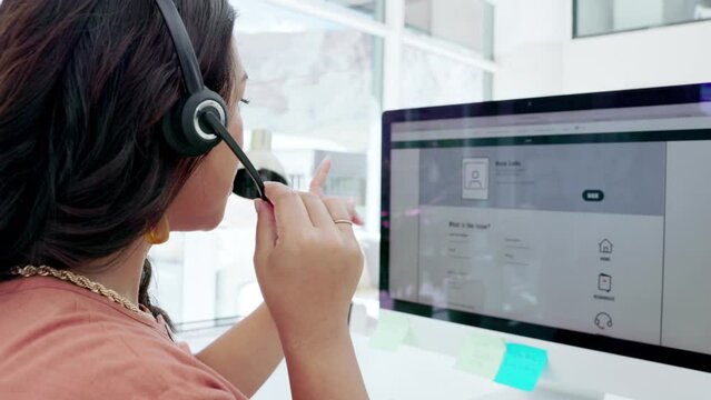 Asian woman, call center and consulting on computer screen for customer service or desktop support at office. Happy female consultant helping in web navigation display or advice on PC in contact us
