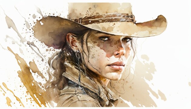 Cowboy girl portrait, woman with a cowboy hat. Watercolor illustration. Generative AI