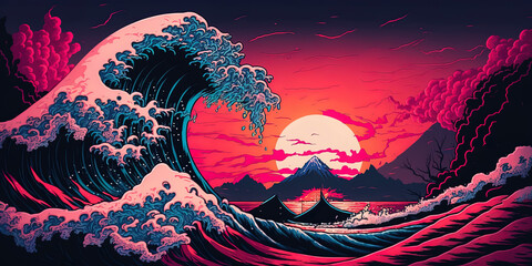 Japanse giant Tsunami Wave in the Synthwave Outrun Cyberpunk AI Generated