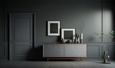 Dark room with grey wall apartment interior with scandinavian style wooden furniture and designer sideboard decorations