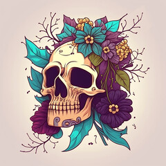 Illustrated skull with floral on solid color background. Created using ai generative. 