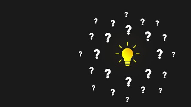 Solution, FAQ, Innovation and Imagination Conceptual creative Idea Group of Question mark around a Light Bulb animation in grey dark background. 