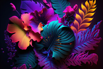 Fototapeta na wymiar Neon tropical flowers and leaves, dark background. AI