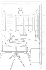 Interior. Sketch. A seating area by the window. Table, sofa, pillows. Black and white vector image.