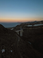 Horizontal aerial view of Puente de Silva bridge and ravine in north coast of Gran Canaria, Spain