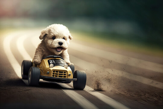 A puppy dog driving a vintage pedal car. Generative ai and digital editing.