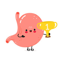 Cute funny stomach hold gold trophy cup. Vector hand drawn cartoon kawaii character illustration icon. Isolated on white background. Stomach with winner trophy cup