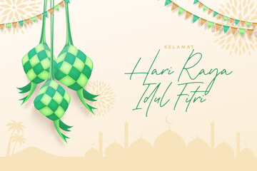 3d modern Islamic holiday background, suitable for Ramadan, Eid Fitri, Eid Adha and Maulid. Moon and ketupat with islamic decor on cream background.