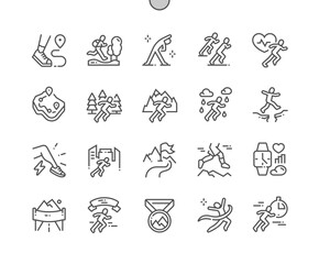 Trail running. Runner, sport, route, healthy, mountain course, marathon and more. Pixel Perfect Vector Thin Line Icons. Simple Minimal Pictogram