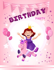 Princess on a pony, birthday invitation for a girl, vector greeting card