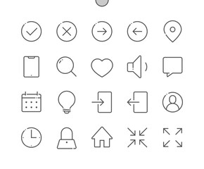 Ui collection. Approve, cancel, minimize, arrow, location, phone and other. Pixel Perfect Vector Thin Line Icons. Simple Minimal Pictogram
