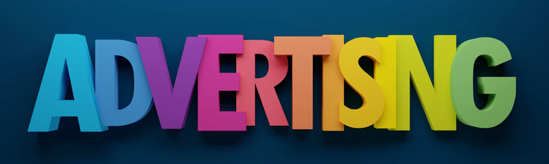 Obraz premium 3D render of ADVERTISING colorful typography on dark blue background