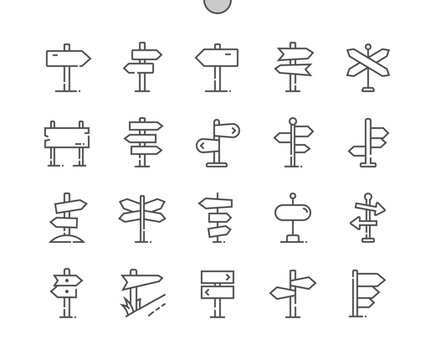 Guide post. Road direction. Travel and traffic. Pixel Perfect Vector Thin Line Icons. Simple Minimal Pictogram