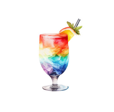 Watercolor textured rainbow cocktail. Pride illustration