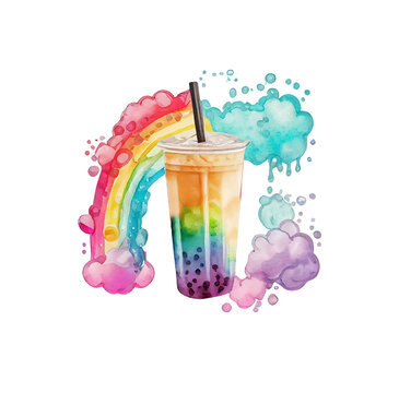 Watercolor textured rainbow bubble tea. Pride illustration