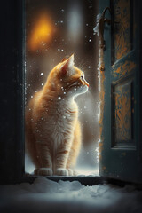 AI generated The cat is standing in front of the door. Winter landscape.