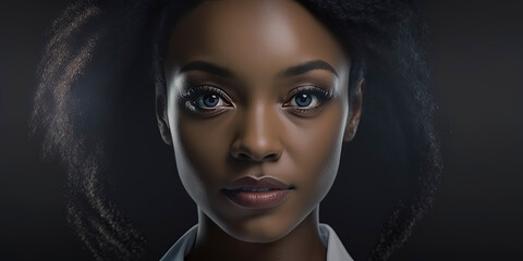 black young woman with crystal clear beautiful eyes, dressed with a white Doctor suit