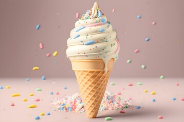 Colorful splashes of ice cream, melting ice cream cone. Created with generative Ai technology.