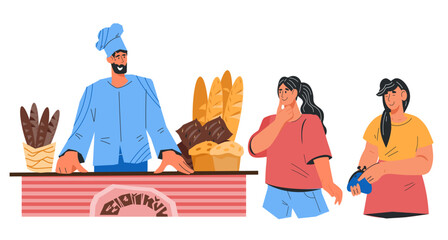 Bakery scene with buyers in bakery shop or bakehouse and baker characters, flat cartoon vector illustration isolated on white background. People buy bread and pastry.