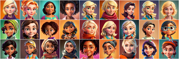 Female avatar set. Collection of portraits of women cartoon characters. Various nationality. African American, redhead, blonde, brunette, illustration in cartoon style, - Post-processed Generative&nbsp;AI