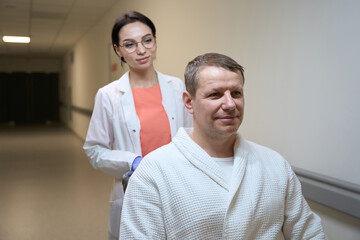 Brave Caucasian patient is receiving qualified supporting in the hospital