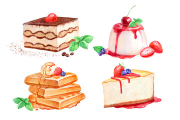 Hand painted watercolor illustration set of Desserts on white background