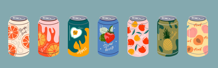 Various delicious carbonated drinks. Vector set of soft drinks in aluminum cans. Hand drawing. Carbonated water with different fruit flavors. Fashion illustration. All elements are insulated