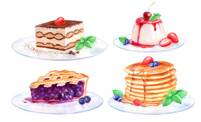 Hand painted watercolor illustration set of Desserts on plates on white background