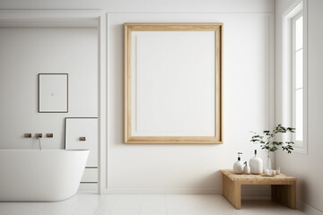 Fototapeta na wymiar bath room, large blank frame, light wood frame, white minimal style inside studio, white walls, overexposed, interior design idea - Generative AI