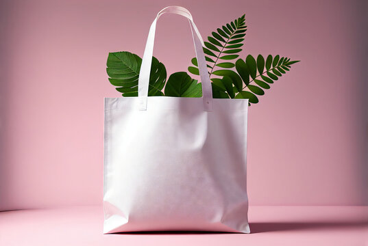 Blank cotton white shopper tote bag on pink background with green leaves. Mock up template for product branding plastic free reusable nature-friendly materials concept.
