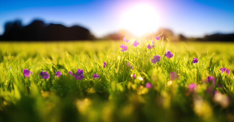 Beautiful violet flowers, spring time, field with green grass and sunny blue sky. Created with Generative AI