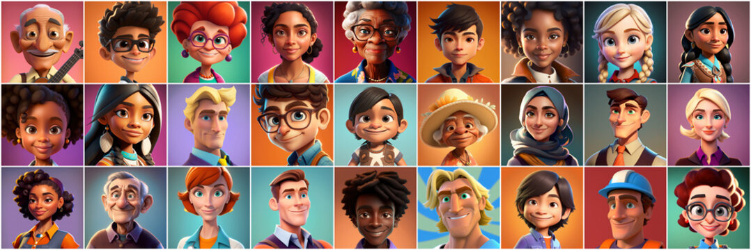 Female avatar set. Collection of portraits of women cartoon characters. Various nationalities: african american, redhead, blonde, brunette, Asian, Muslim, european. Post-processed Generative&nbsp;AI