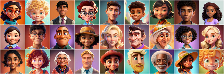 Set of avatars of happy people of different races and ages. Portraits of men and women and children. Human Emotions. Illustration in cartoon style, - Post-processed Generative AI - obrazy, fototapety, plakaty