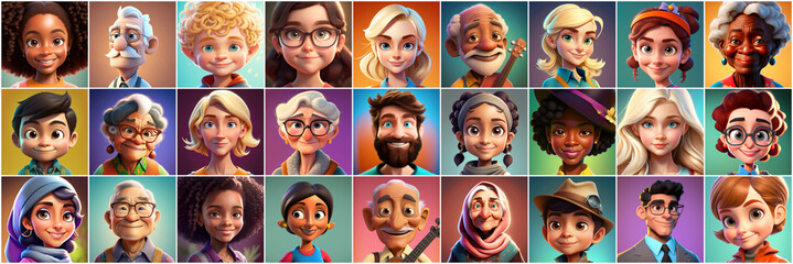 Set of avatars of happy people of different races and ages. Portraits of men and women and children. Human Emotions. Illustration in cartoon style, - Post-processed Generative AI