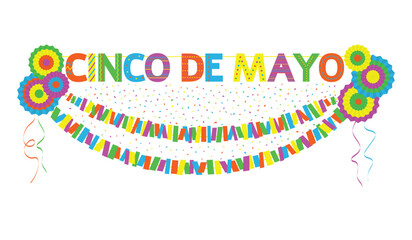 Cinco de Mayo fiesta banner. Mexican fiesta party decoration for greeting card, banner, invitation, flyer, poster. Vector illustration isolated on white background.