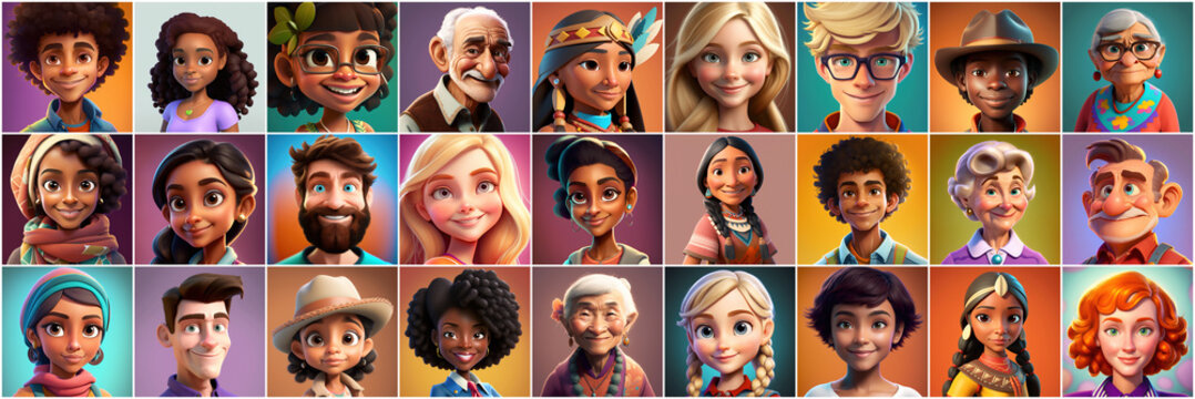 Set of avatars of happy people of different races and ages. Portraits of men and women and children. Human Emotions. Illustration in cartoon style, - Post-processed Generative&nbsp;AI