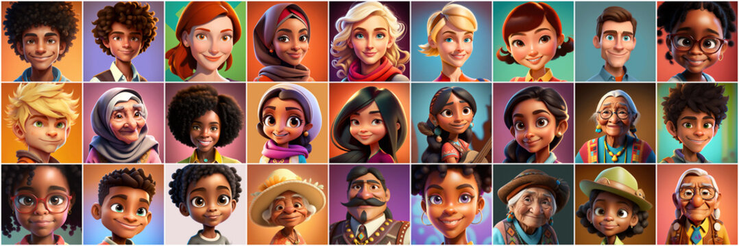 Set of avatars of happy people of different races and ages. Portraits of men and women and children. Human Emotions. Illustration in cartoon style, - Post-processed Generative&nbsp;AI