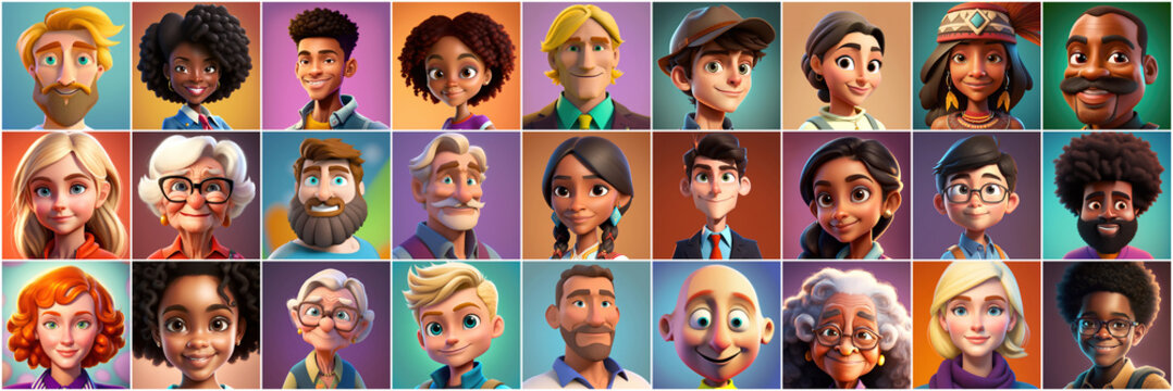 Set of avatars of happy people of different races and ages. Portraits of men and women and children. Human Emotions. Illustration in cartoon style, - Post-processed Generative&nbsp;AI