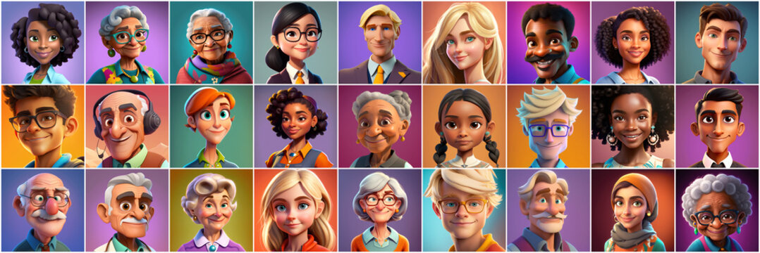 Set of avatars of happy people of different races and ages. Portraits of men and women and children. Human Emotions. Illustration in cartoon style, - Post-processed Generative&nbsp;AI