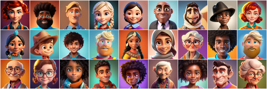 Set of avatars of happy people of different races and ages. Portraits of men and women and children. Human Emotions. Illustration in cartoon style, - Post-processed Generative&nbsp;AI
