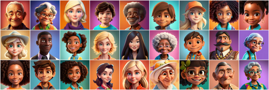 Set of avatars of happy people of different races and ages. Portraits of men and women and children. Human Emotions. Illustration in cartoon style, - Post-processed Generative&nbsp;AI