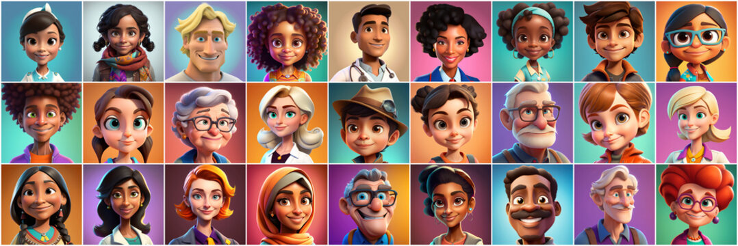 Set of avatars of happy people of different races and ages. Portraits of men and women and children. Human Emotions. Illustration in cartoon style, - Post-processed Generative&nbsp;AI