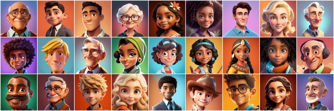 Set of avatars of happy people of different races and age. Portraits of men and women and children. Human Emotions. Illustration in cartoon style, - Post-processed Generative&nbsp;AI