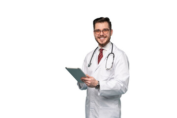 Smiling medical worker in white coat and tie. A portrait of a doctor posing against transparent background