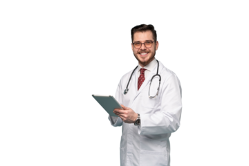 Smiling medical worker in white coat and tie. A portrait of a doctor posing against transparent background