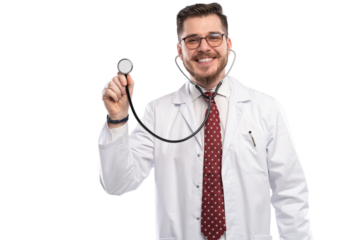 Doctor with a stethoscope in the hand, medical care concept. Transparent background